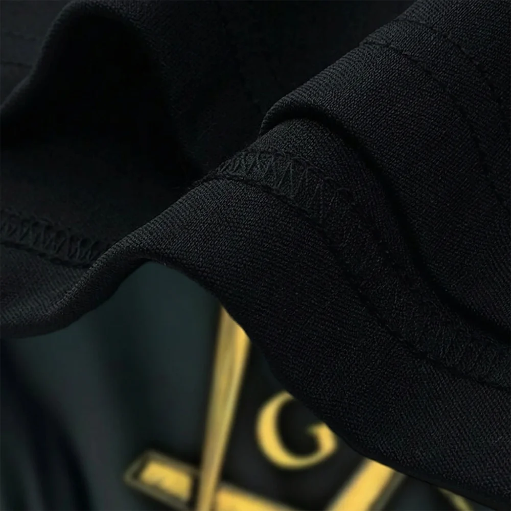Black Freemason T-shirt with gold Square and Compasses symbol for casual wear and personalized gifting.
