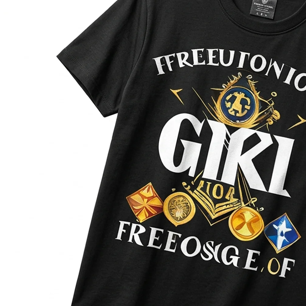 Close-up of gold Masonic symbol artwork on a black GIRL graphic T-shirt.