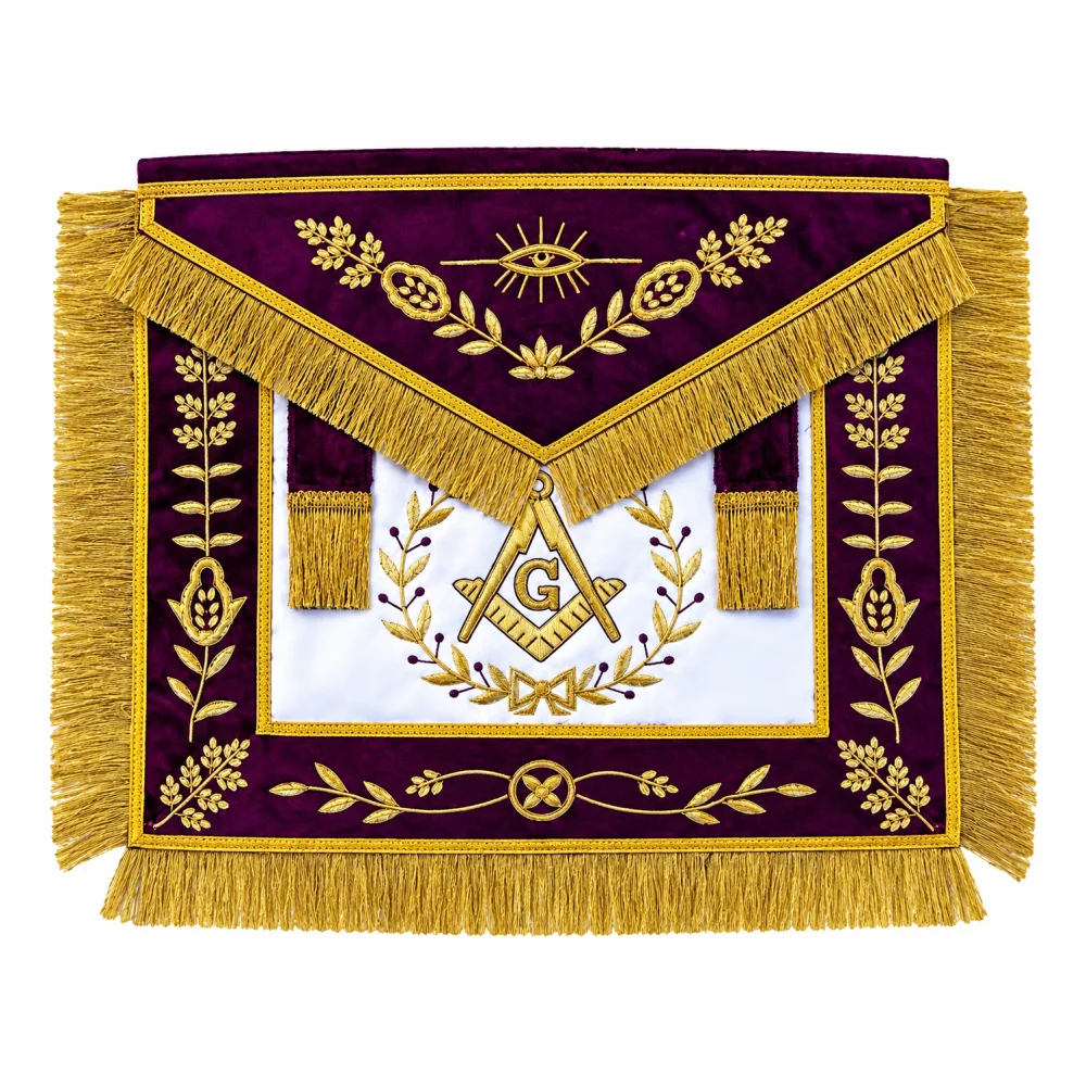 Master Mason Blue Lodge Apron - White Satin & Purple + Hand Embroidery