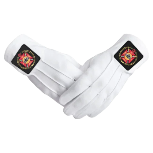 Knights Templar Commandery Gloves - White Cotton + Red & Black Emblem