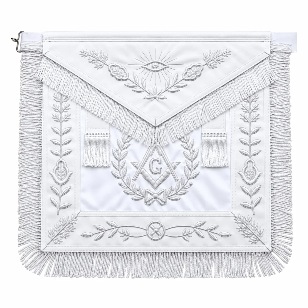 Master Mason Blue Lodge Apron - White Satin + Velvet Border and Fringe