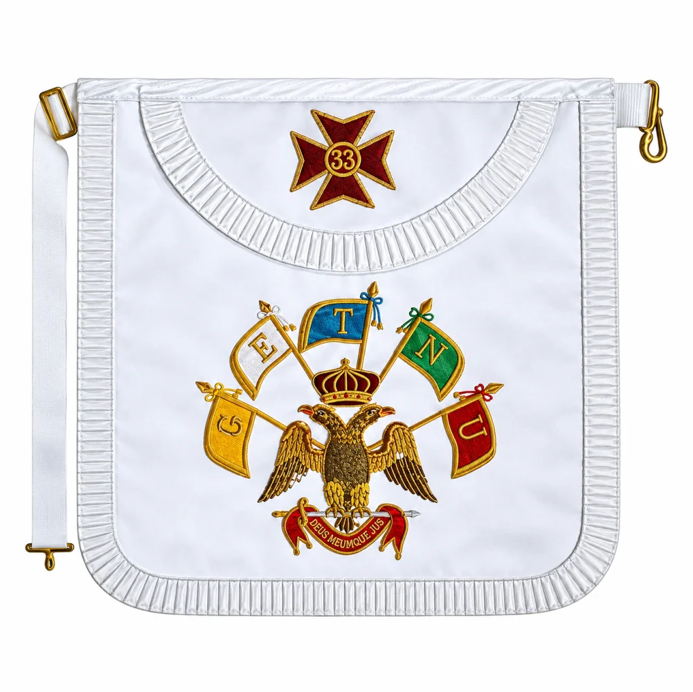 33rd Degree Scottish Rite Apron - All White Satin with Pleated Edges