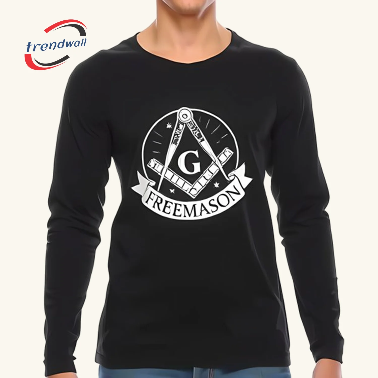 Men's Black Long Sleeve Masonic T-Shirt – Crossed Compasses with Letter G FREE Design