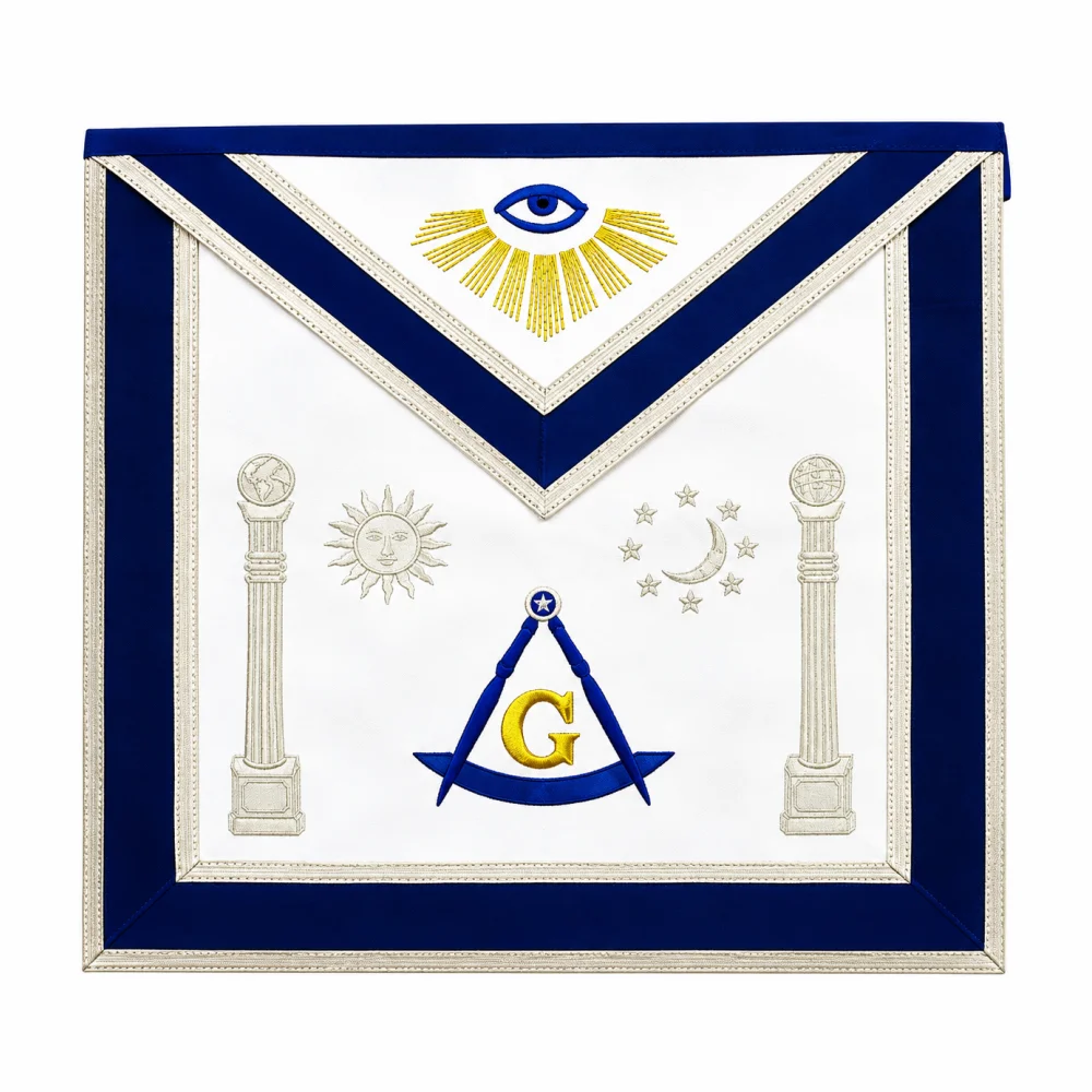 Master Mason Blue Lodge Apron - Sun, Moon & Pillars Hand Embroidery