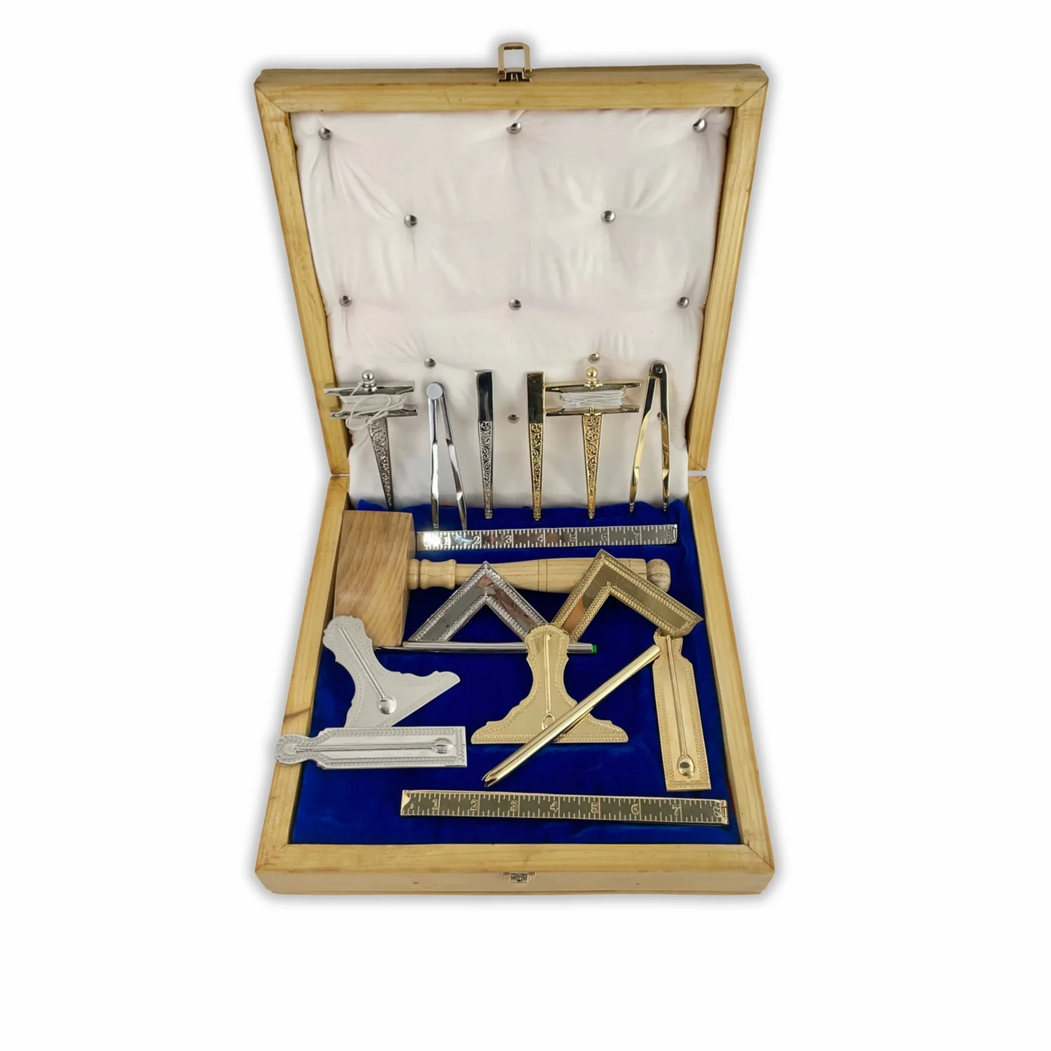 Masonic Standard Working Tools Set Gold Tone Full Size in Wooden Box