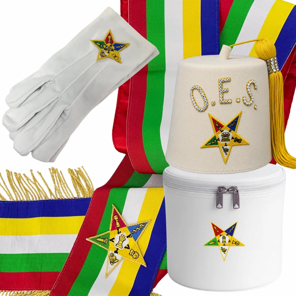 OES Fez Set – Off-White Fez Hat with Rhinestone Star Border, Sash and Cotton Gloves