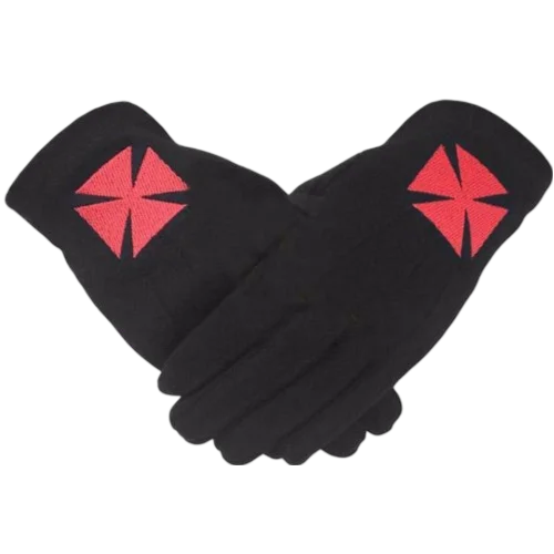 Knights Templar Commandery Gloves - Black Cotton with Red Nordic Cross