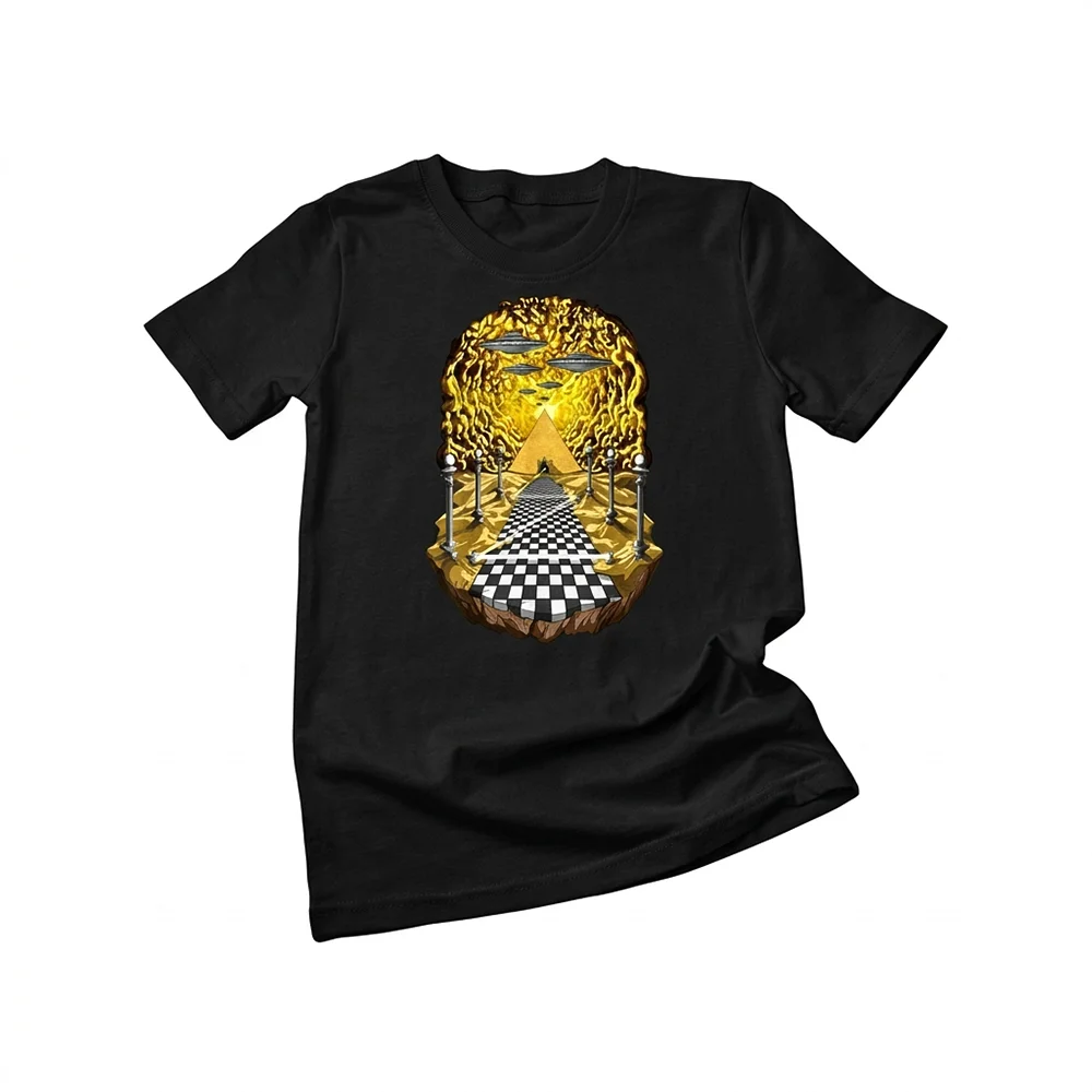 Egyptian pyramid Freemason T-shirt featuring alien and UFO graphics with psychedelic space-inspired design.