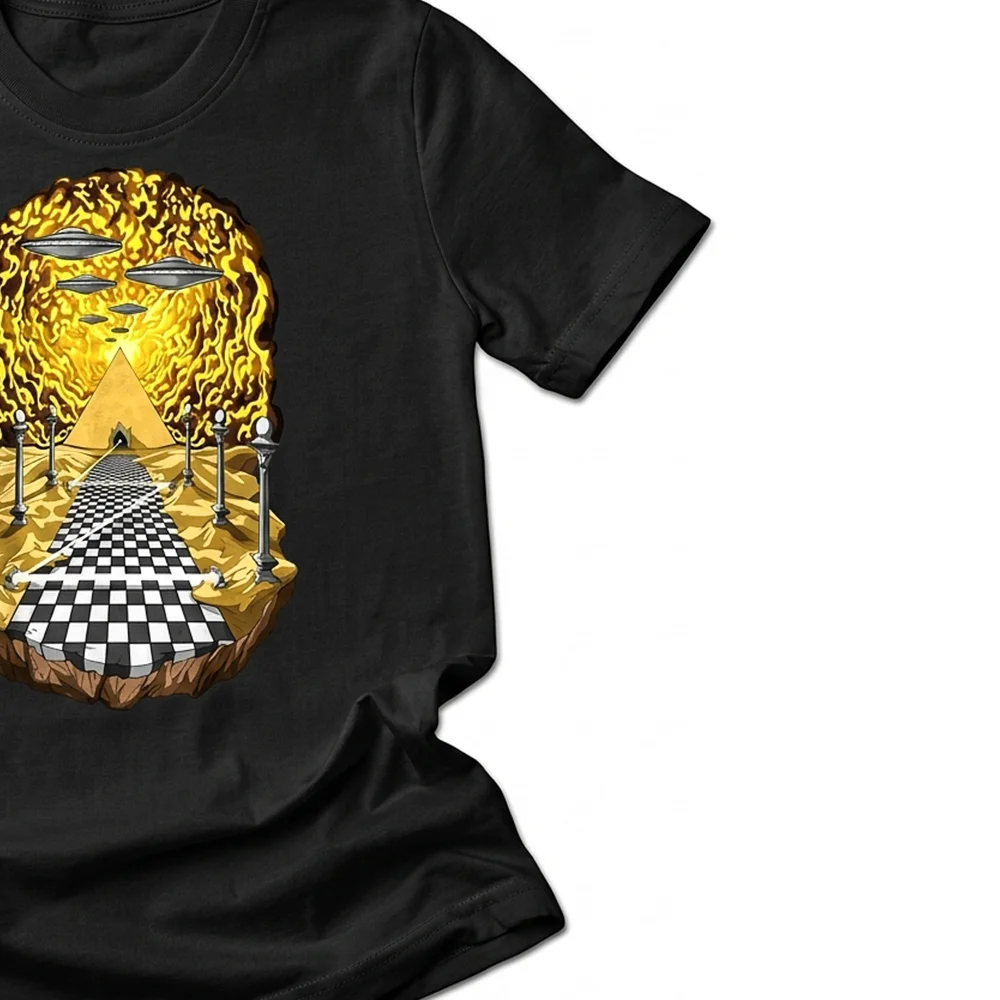 Masonic alien T-shirt with extraterrestrial artwork, Egyptian pyramids, and psychedelic Freemason-inspired graphics.