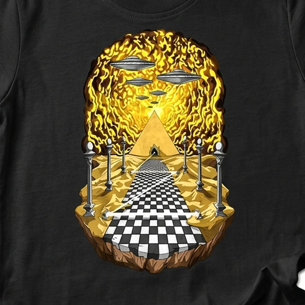 Psychedelic UFO Masonic T-shirt featuring Egyptian pyramids and cosmic alien-inspired artwork.