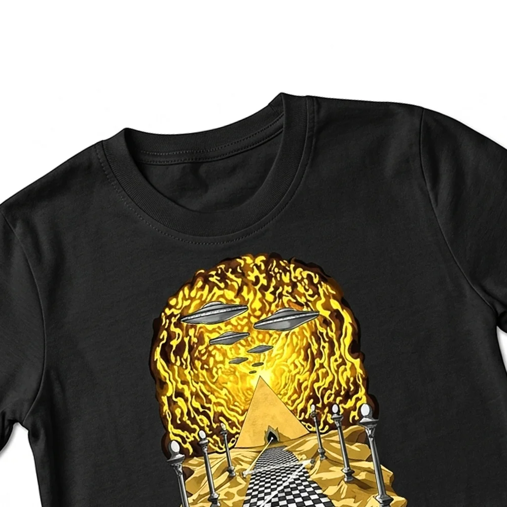Egyptian pyramids Masonic T-shirt with detailed Freemason-inspired graphics and psychedelic cosmic artwork.