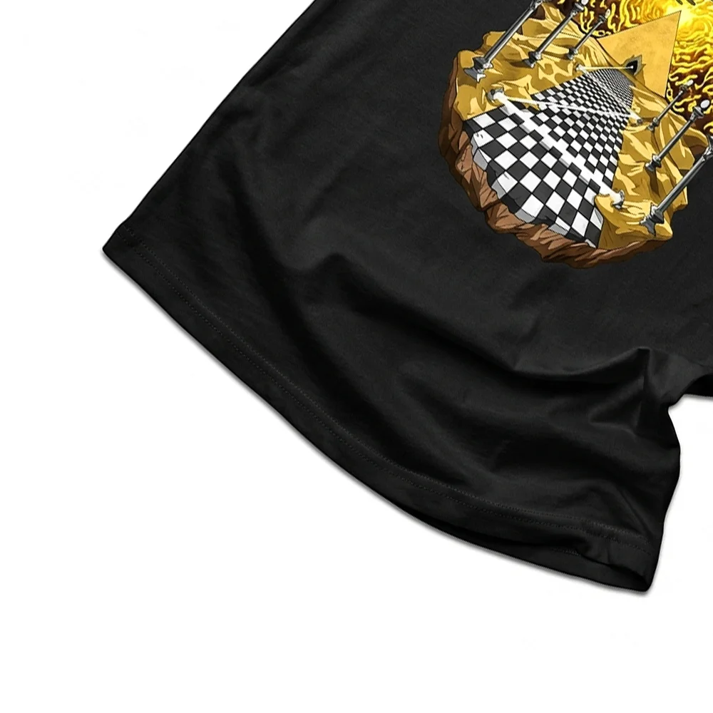 Psychedelic Freemason T-shirt featuring alien symbols, Egyptian pyramids, UFOs, and space-inspired graphics.