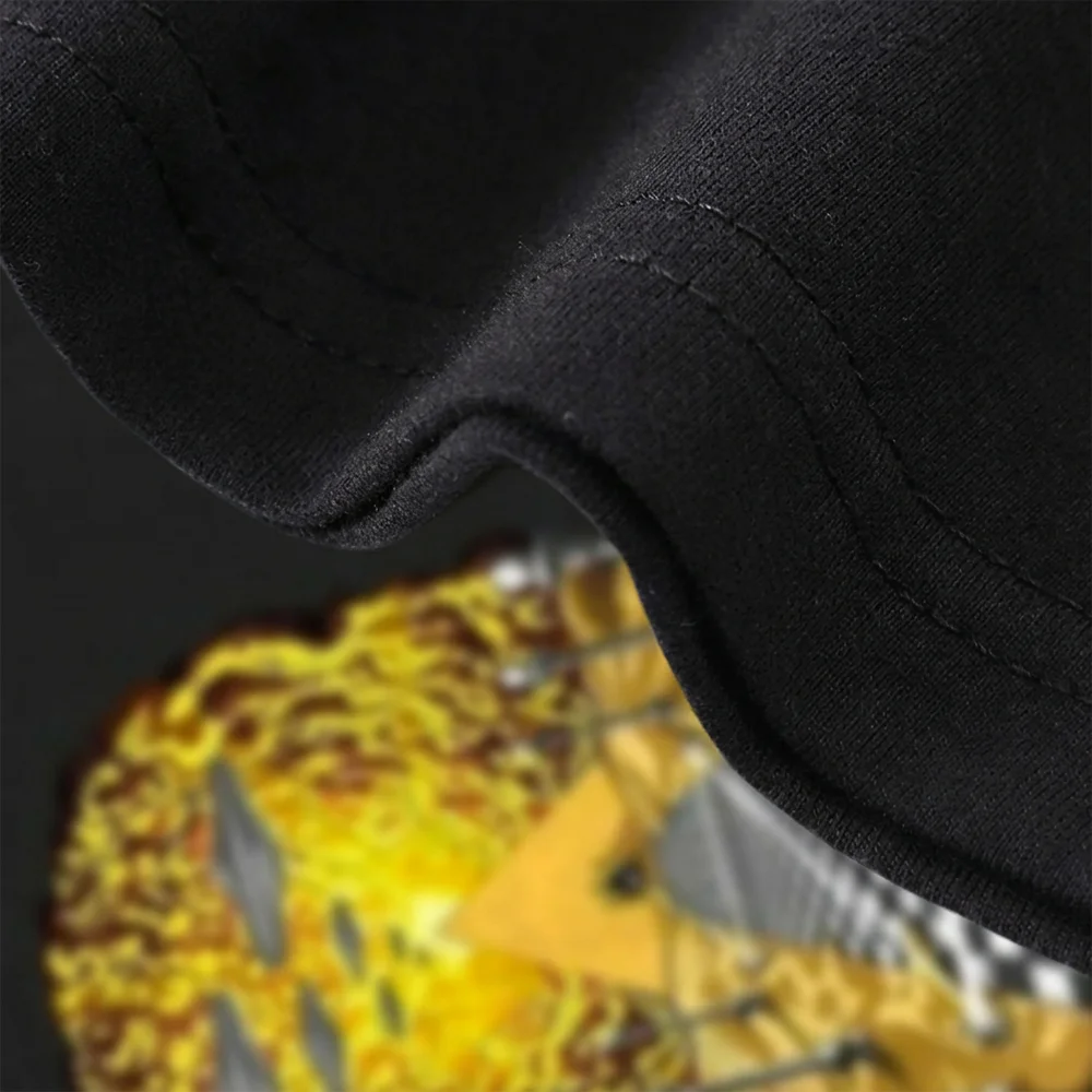 Close-up of psychedelic Masonic T-shirt artwork featuring UFO imagery, aliens, and Egyptian pyramids.