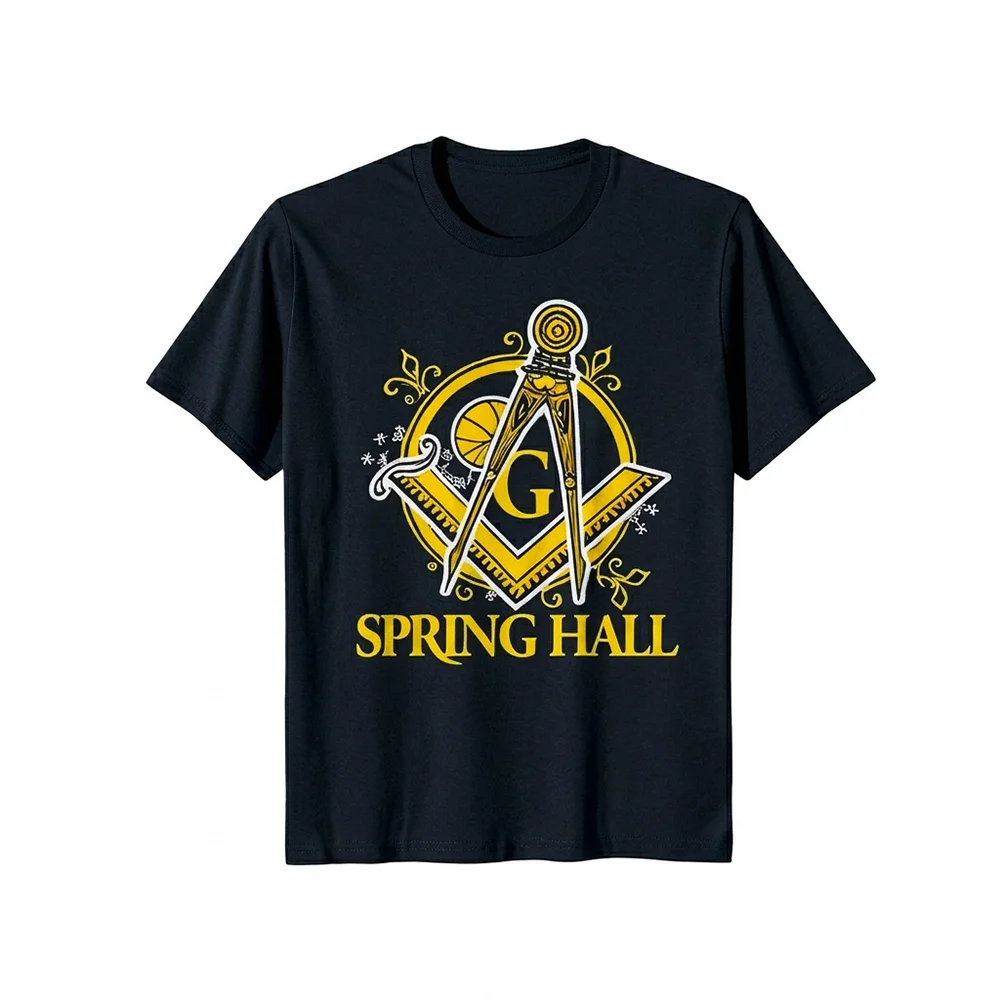 Black Masonic T-Shirt with a yellow Square symbol and Spring Hall lettering.