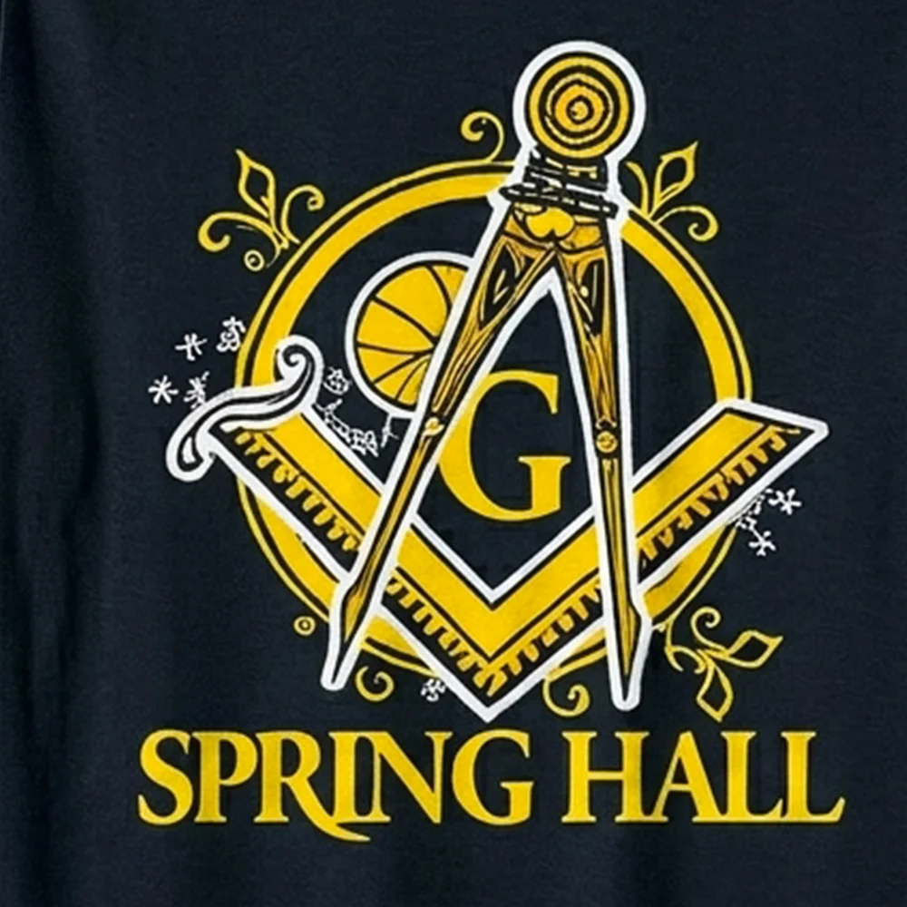 Personalized Masonic T-Shirt with yellow Square artwork, Spring Hall lettering, and custom name print option.