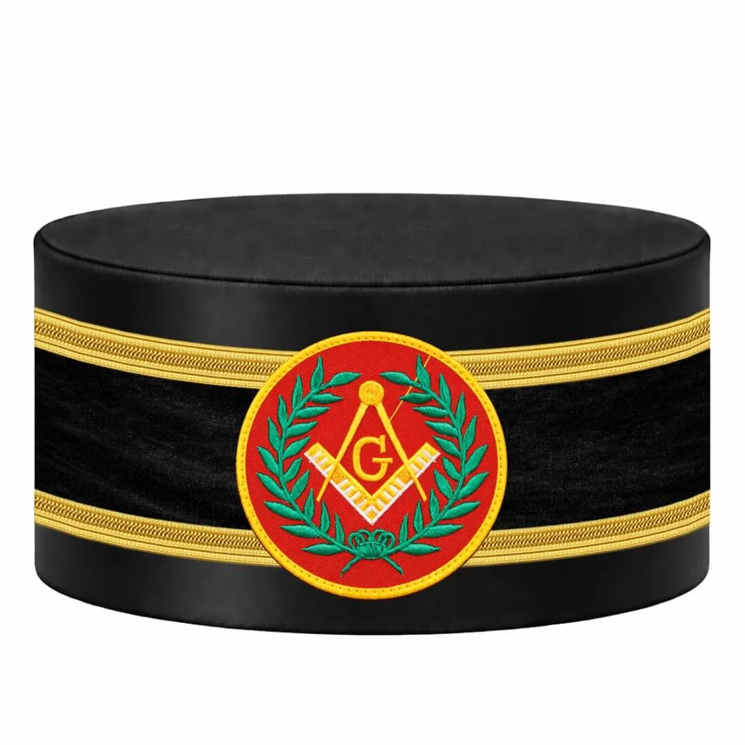 Master Mason Blue Lodge Crown Cap – Black with Red Emblem & Wreath and Double Braid