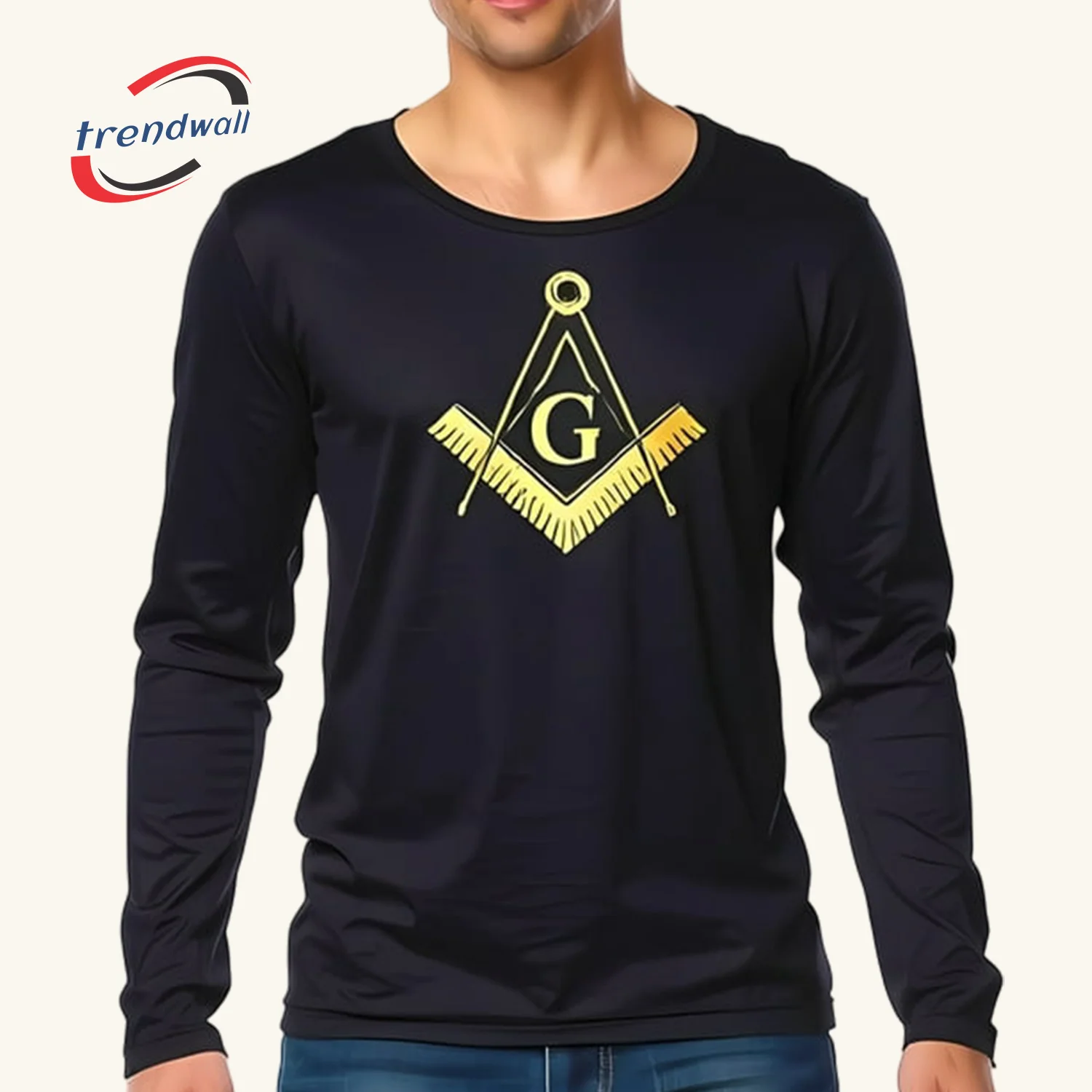 Masonic Men's Long Sleeve Navy Blue T-Shirt with Gold Square and Compasses – Modern Fit