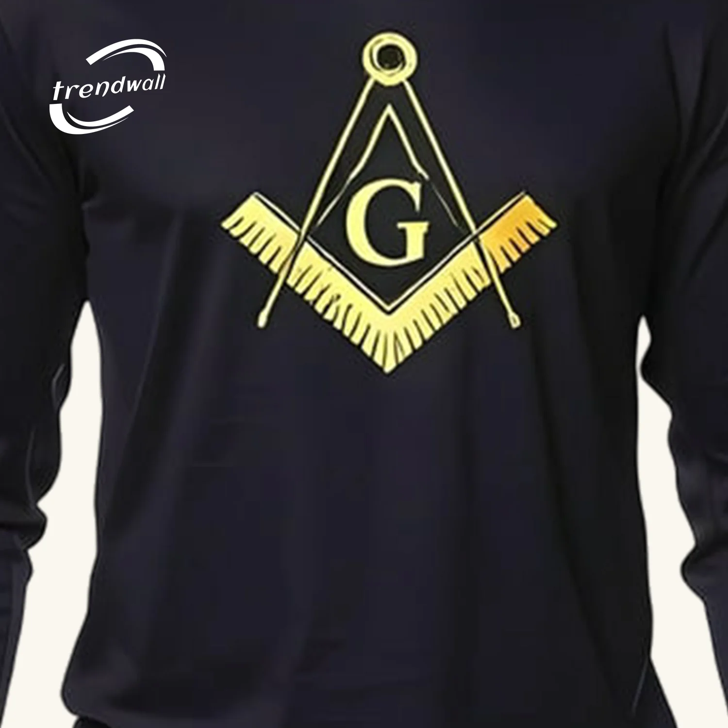 Masonic Men's Long Sleeve Navy Blue T-Shirt with Gold Square and Compasses