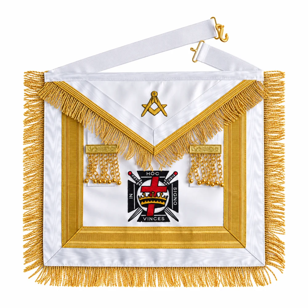 Knights Templar Commandery Apron - White & Gold Embroidery + Fringe