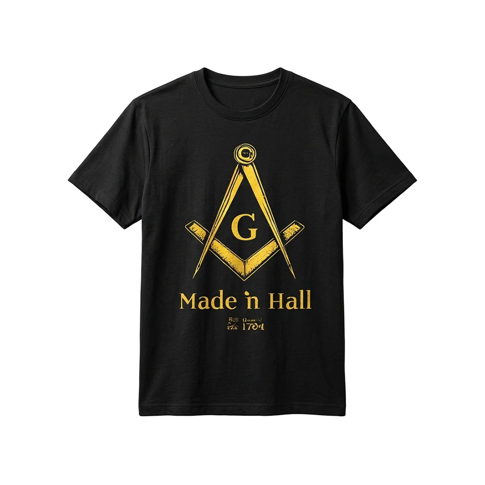 Black Freemason shirt featuring a gold Square and Compasses Masonic symbol with “Made in Hall” text.