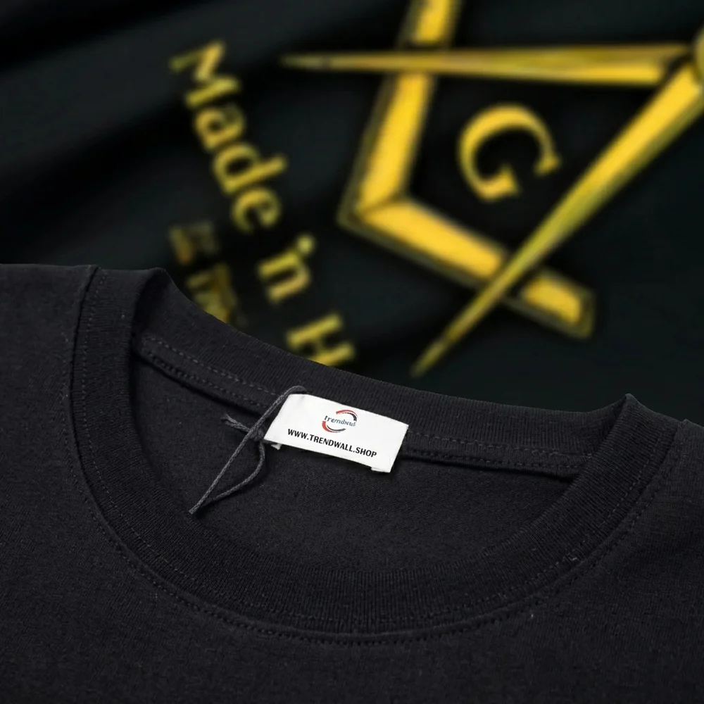 Black Masonic Freemason T-shirt featuring a gold Square and Compass symbol with “Made in Hall” lettering and personalized lodge or name print.