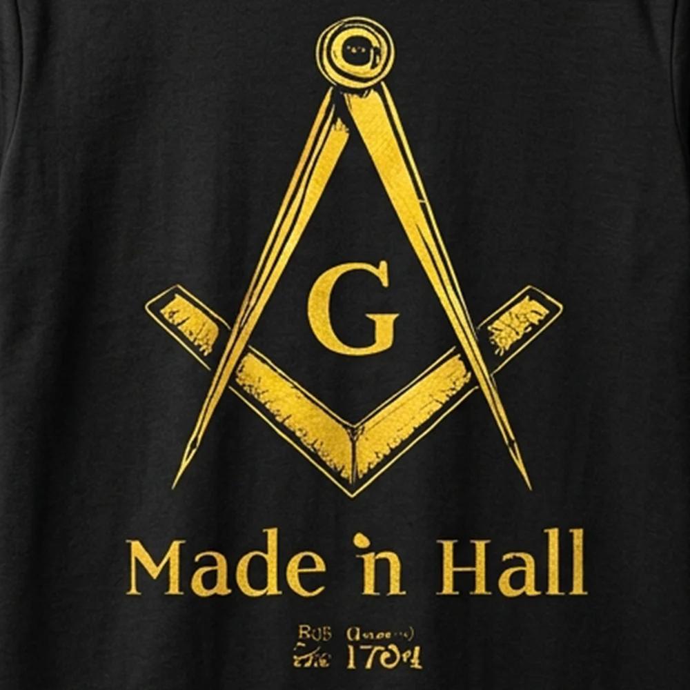 Close-up of gold Compass and Square artwork and “Made in Hall” lettering on a black Masonic T-shirt.