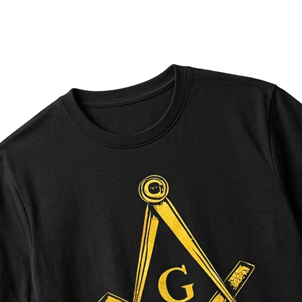 Custom black Masonic lodge T-shirt with gold Compass and Square symbol, “Made in Hall” lettering, and personalized lodge name.