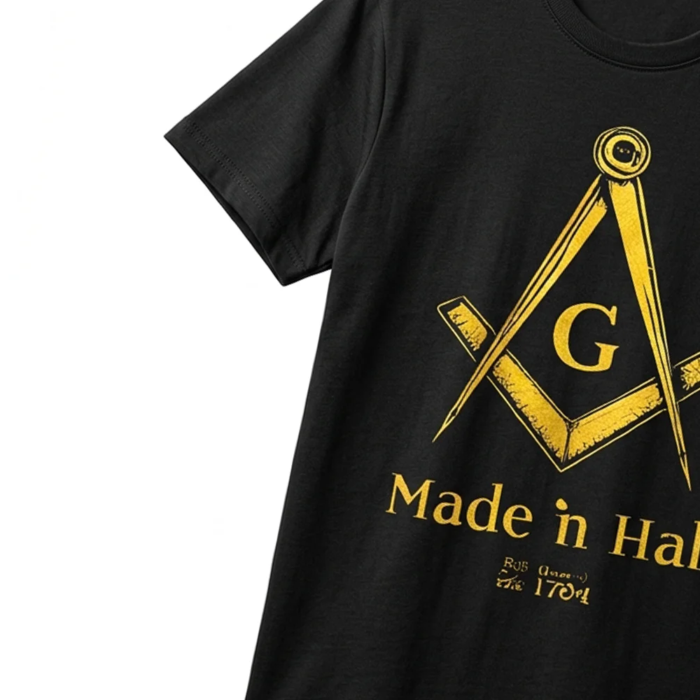 Black Freemason graphic T-shirt with gold Square and Compasses design and “Made in Hall” Masonic wording.