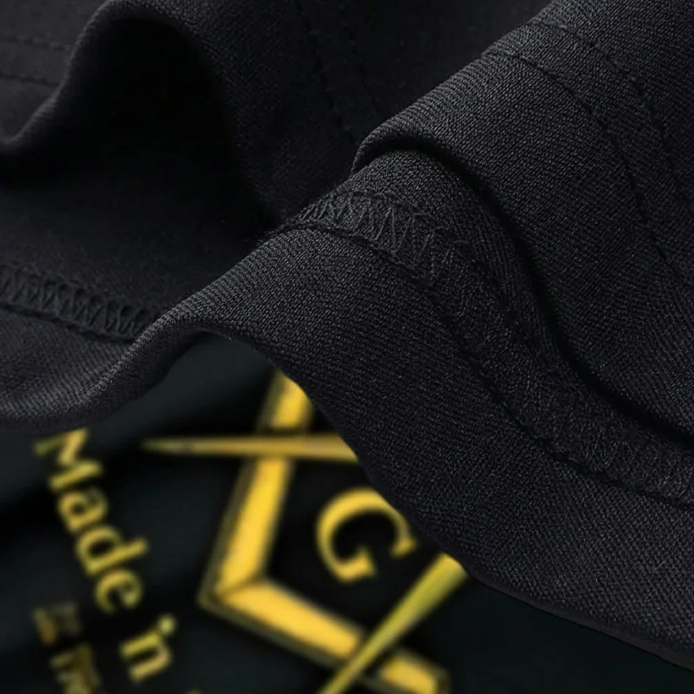 Custom black Freemason T-shirt featuring gold Compass and Square artwork, “Made in Hall” text, and personalized lodge printing.
