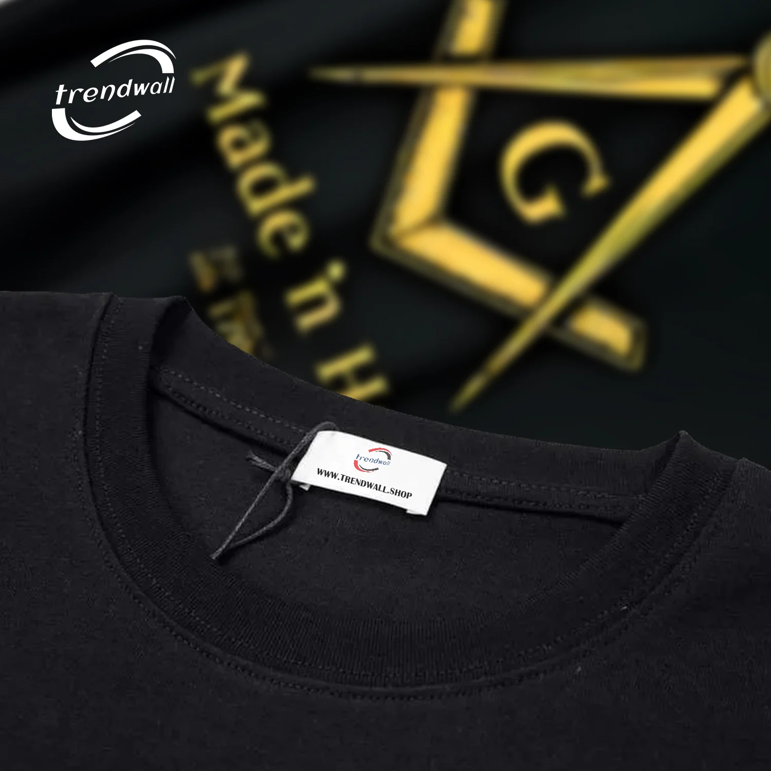 Black Masonic T-Shirt – Gold Compass & Square ‘Made in Hall’ Freemason Design
