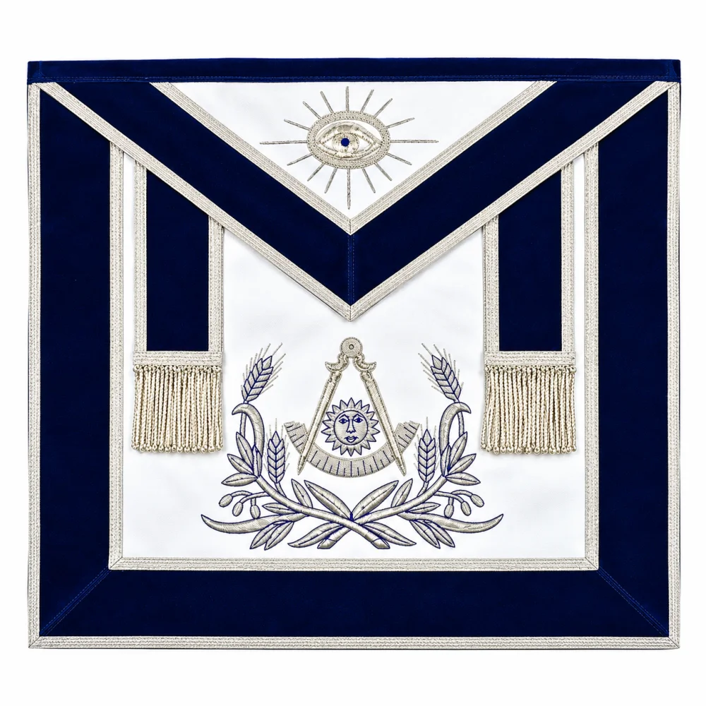 Past Master Blue Lodge Apron - Blue Velvet with Silver Hand Embroidery