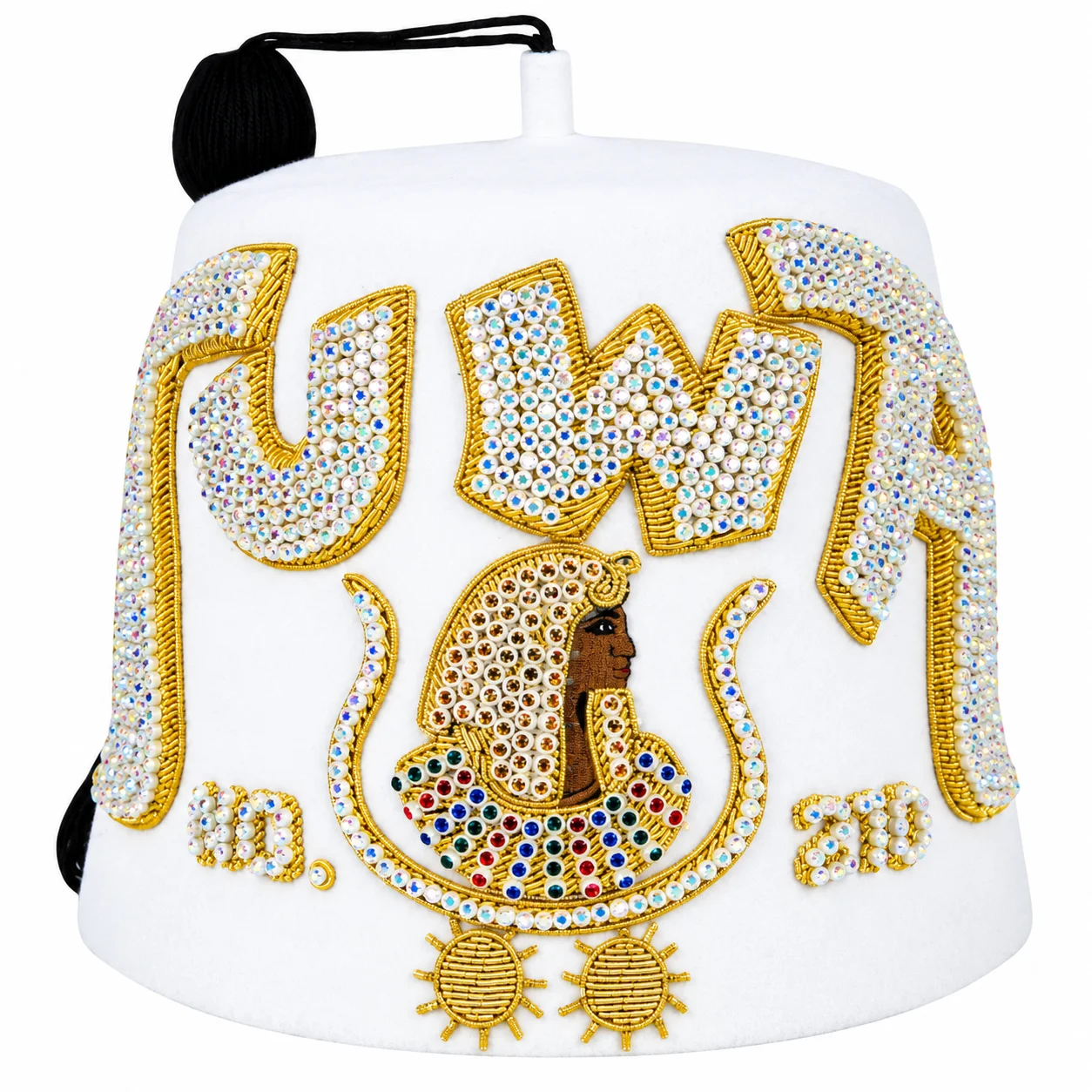 DOI Pure White Fez Hat – Hand-Embroidered Double Sun Design & Rhinestone Work