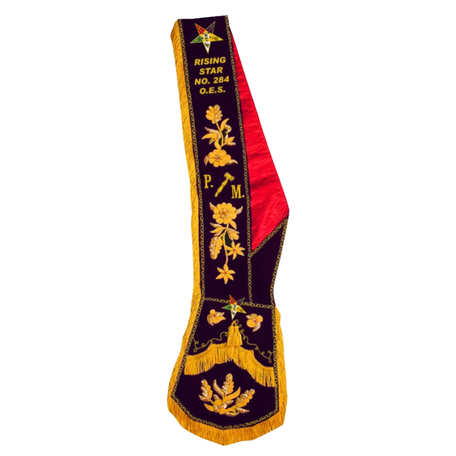 Past Matron OES Dress Sash - Purple Velvet with Premium Bullion Hand Embroidery Work
