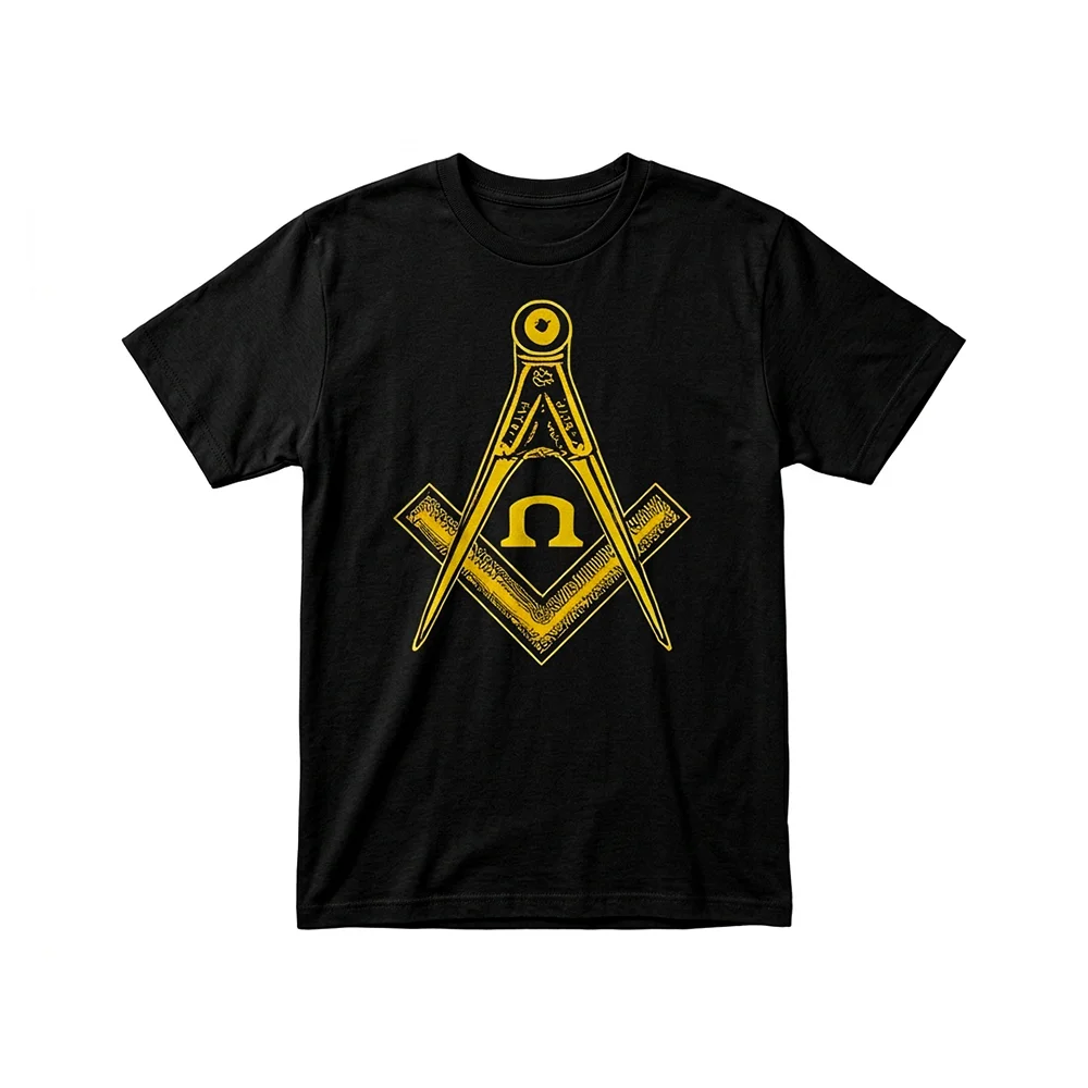 Black Freemason T-Shirt with yellow Square and Compass emblem for Masonic apparel collectors.
