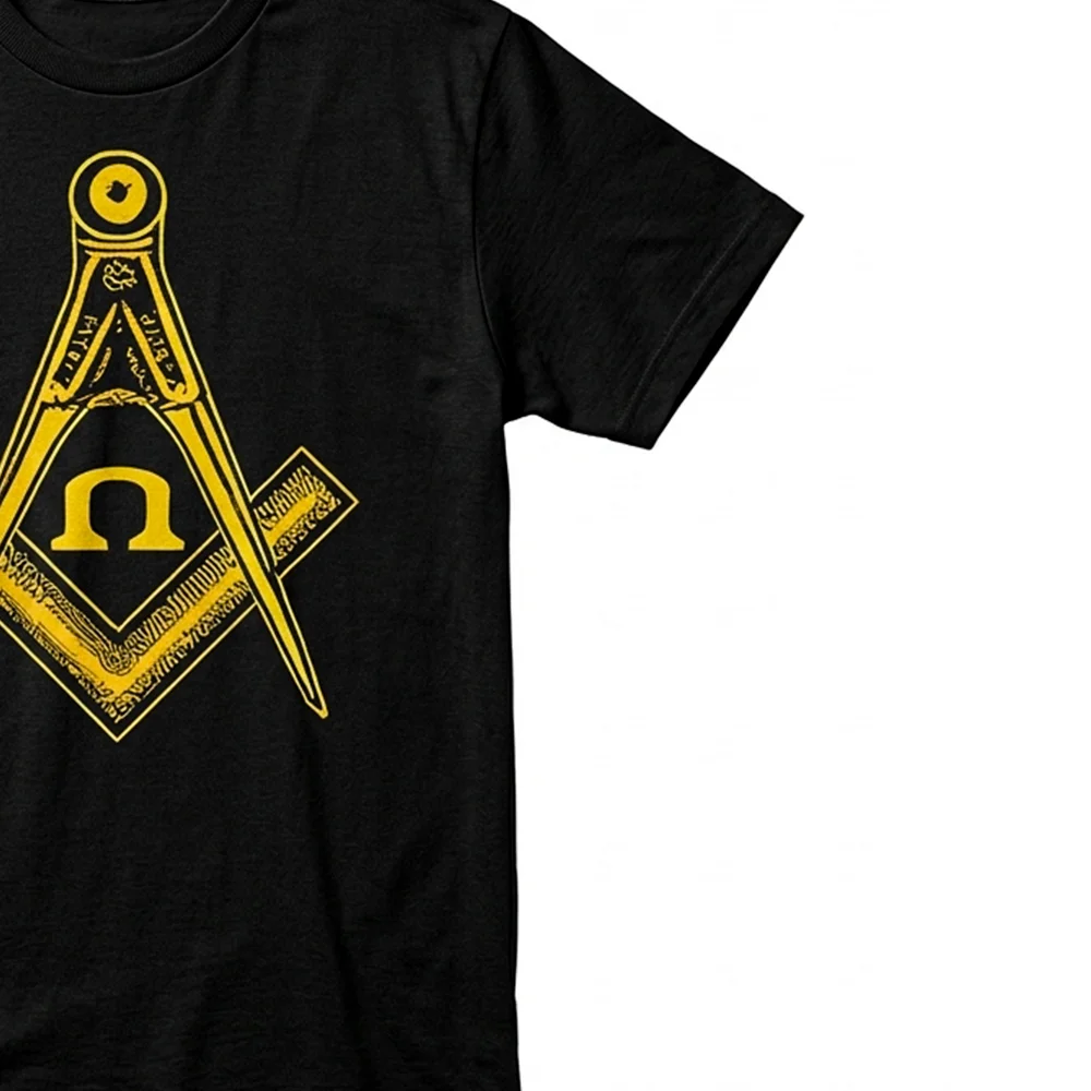 Custom Masonic T-Shirt featuring a yellow Square and Compass design on black fabric.