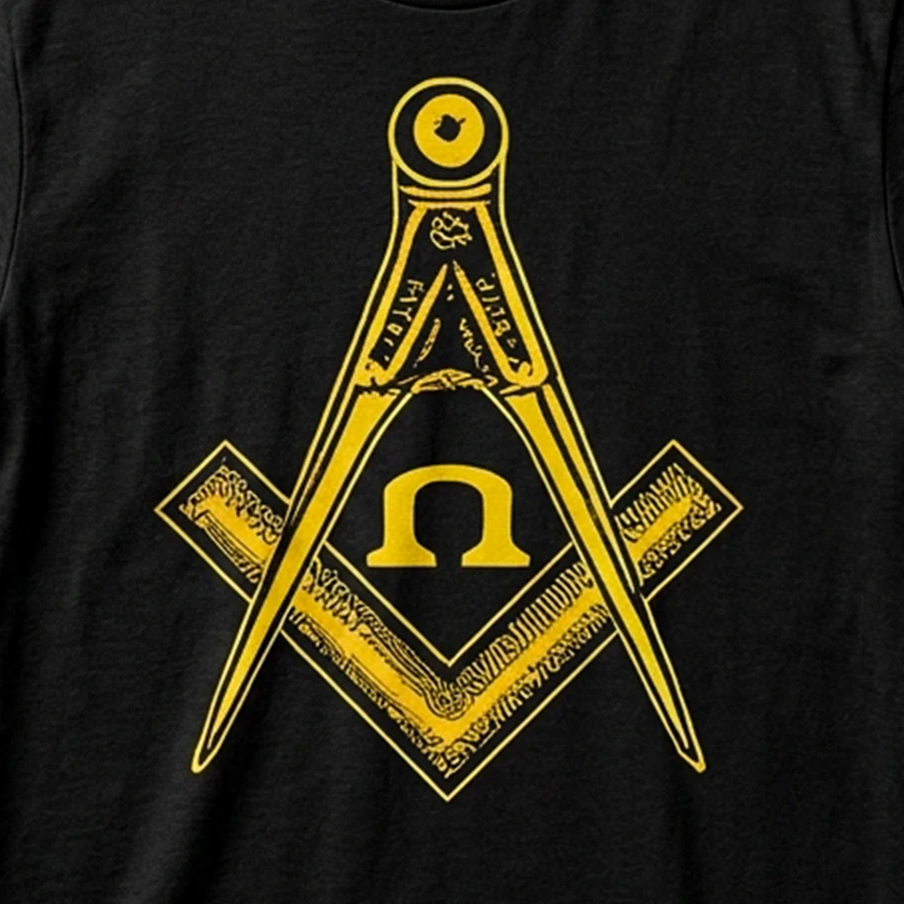 Personalized Freemason T-Shirt with yellow Square and Compass symbol and custom name print option.