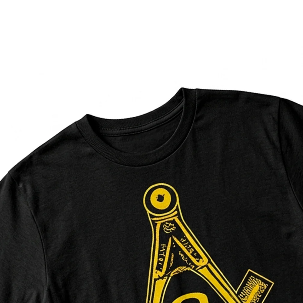 Black Masonic shirt with yellow Square and Compass graphic for Freemasonry enthusiasts.