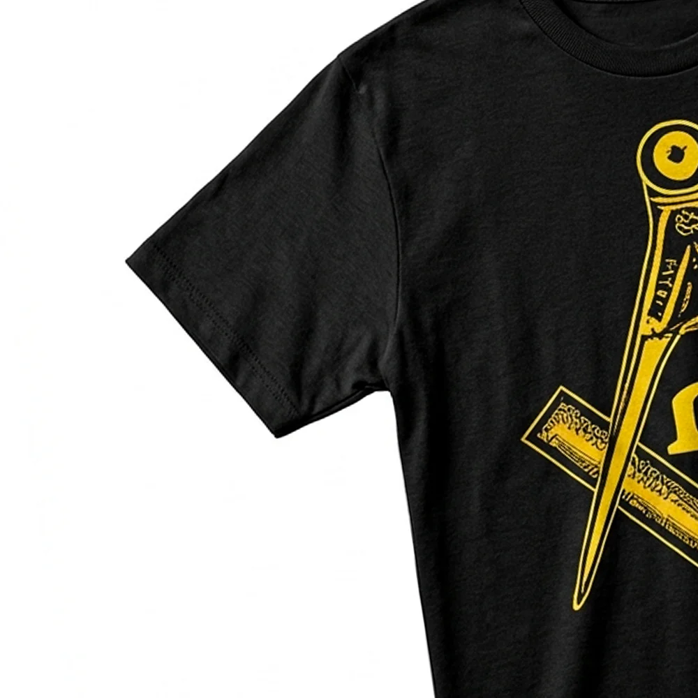 Yellow Square and Compass symbol printed on a black Masonic T-Shirt.