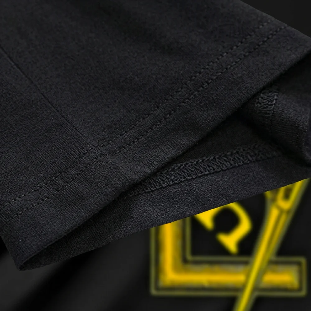 Custom lodge Masonic T-Shirt with yellow Square and Compass graphic on a black shirt.