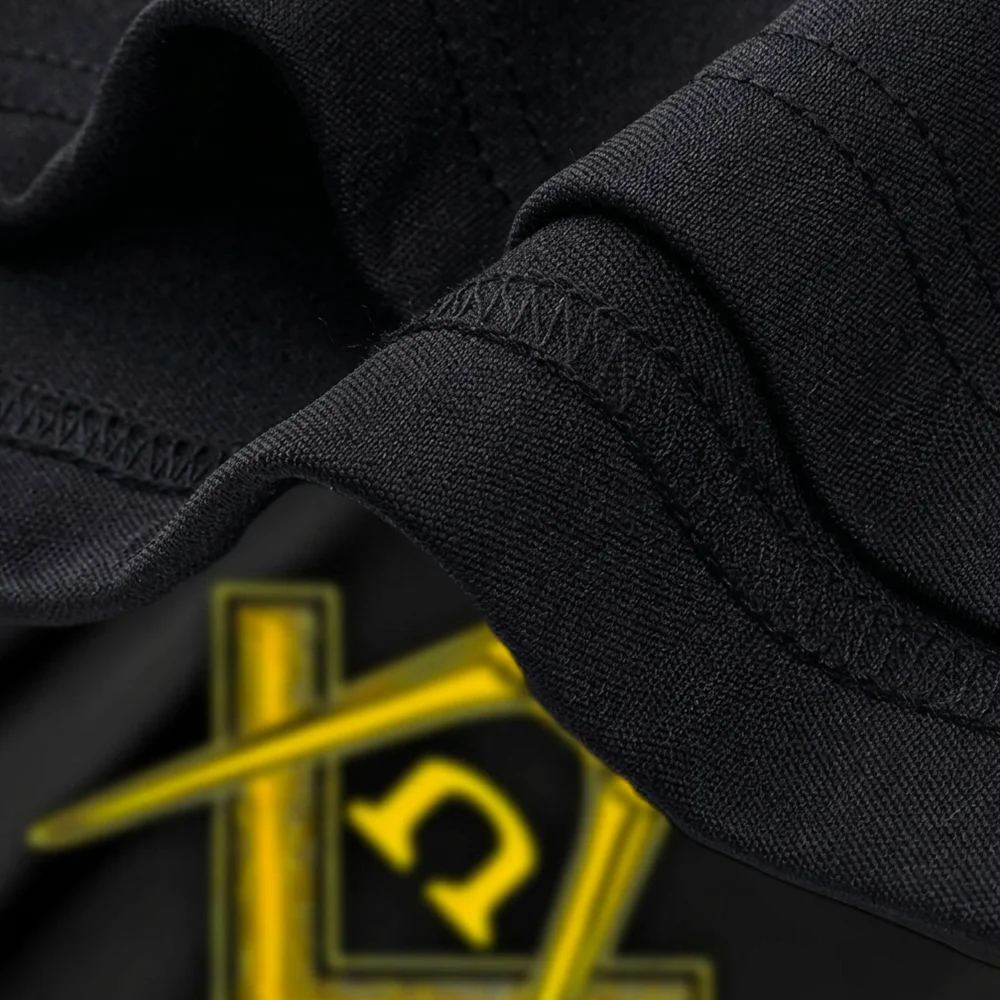 Black Freemasonry apparel featuring a yellow Square and Compass symbol with personalized printing options.