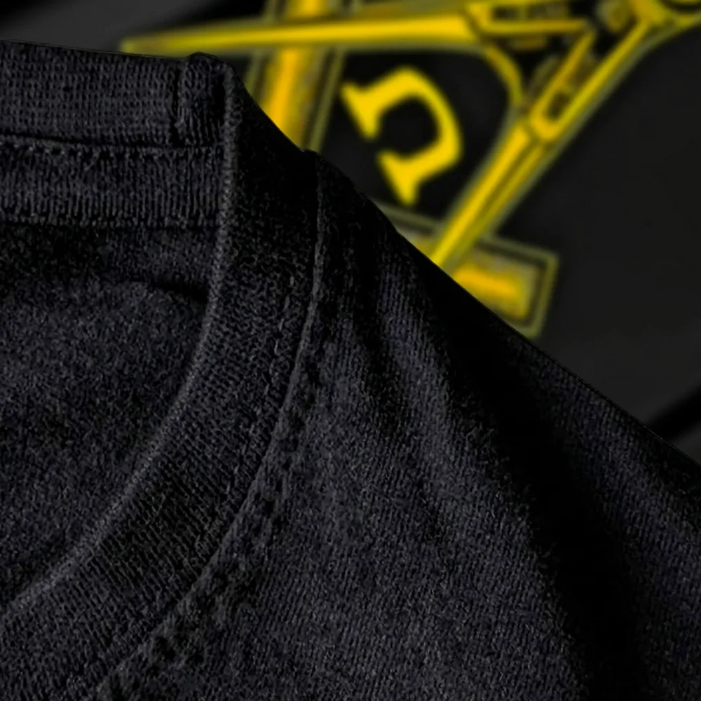 Black Masonic T-Shirt with bold yellow Square and Compass artwork, customizable with a name or lodge.
