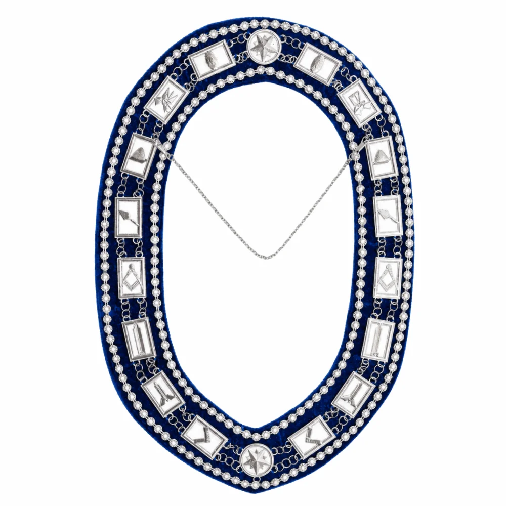 Blue Lodge Chain Collar Silver Plated on Blue Velvet with Rhinestones