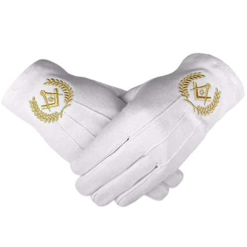 Master Mason Blue Lodge Gloves, White Cotton + Gold Square & Compass G
