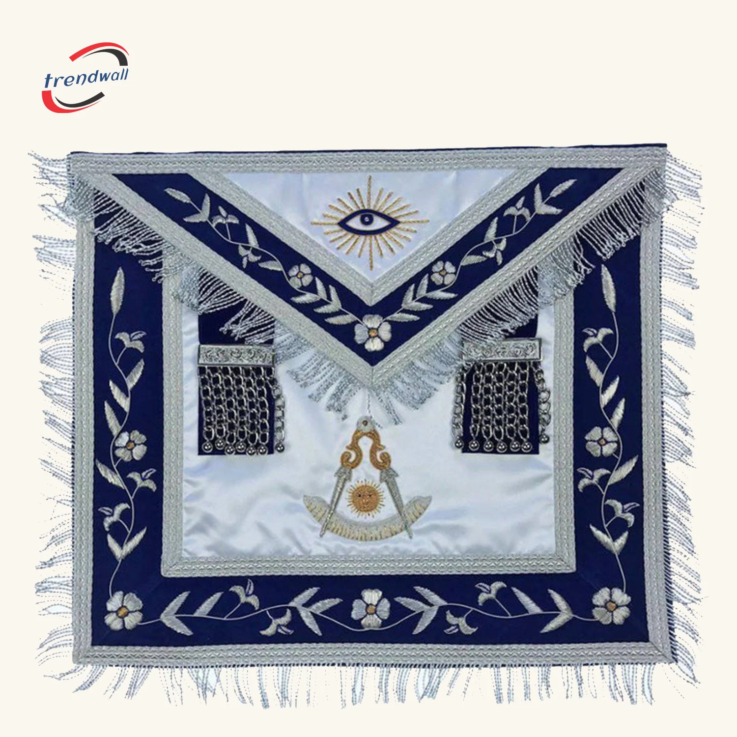 Past Master Blue Lodge Apron - White & Blue Silk + Bullion Embroidery