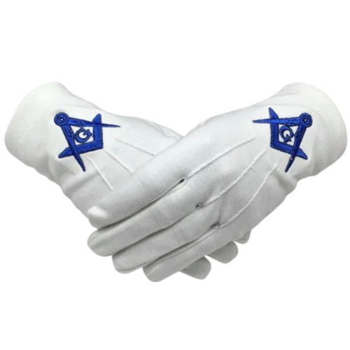 Master Mason Blue Lodge Gloves - White Cotton Machine Embroidery