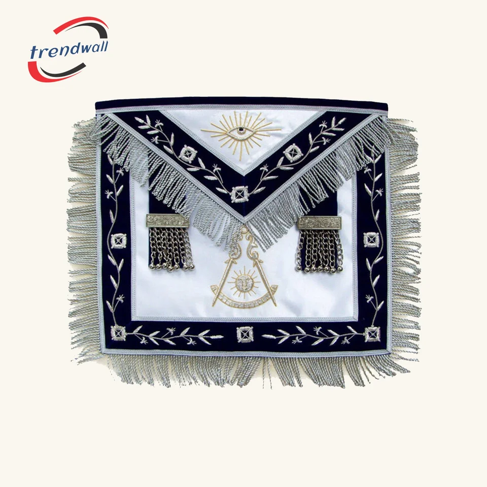 Past Master Blue Lodge Apron - Navy Blue + Hand Embroidered Vinework