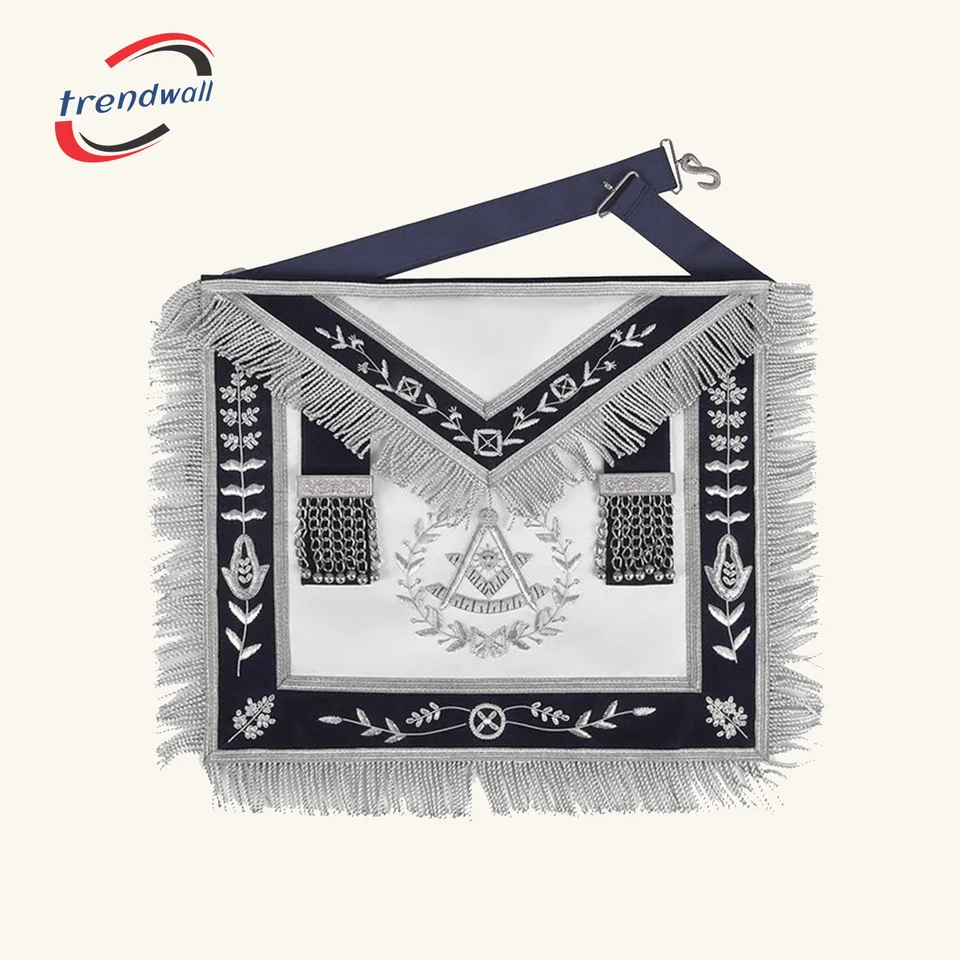 Grand Past Master Blue Lodge Apron - Blue Velvet + Silver Rayon Fringe