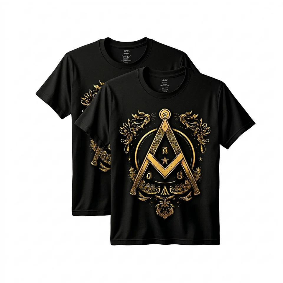 Black Masonic T-shirt featuring a gold Square and Compass with All-Seeing Eye design and custom lodge or name printing.
