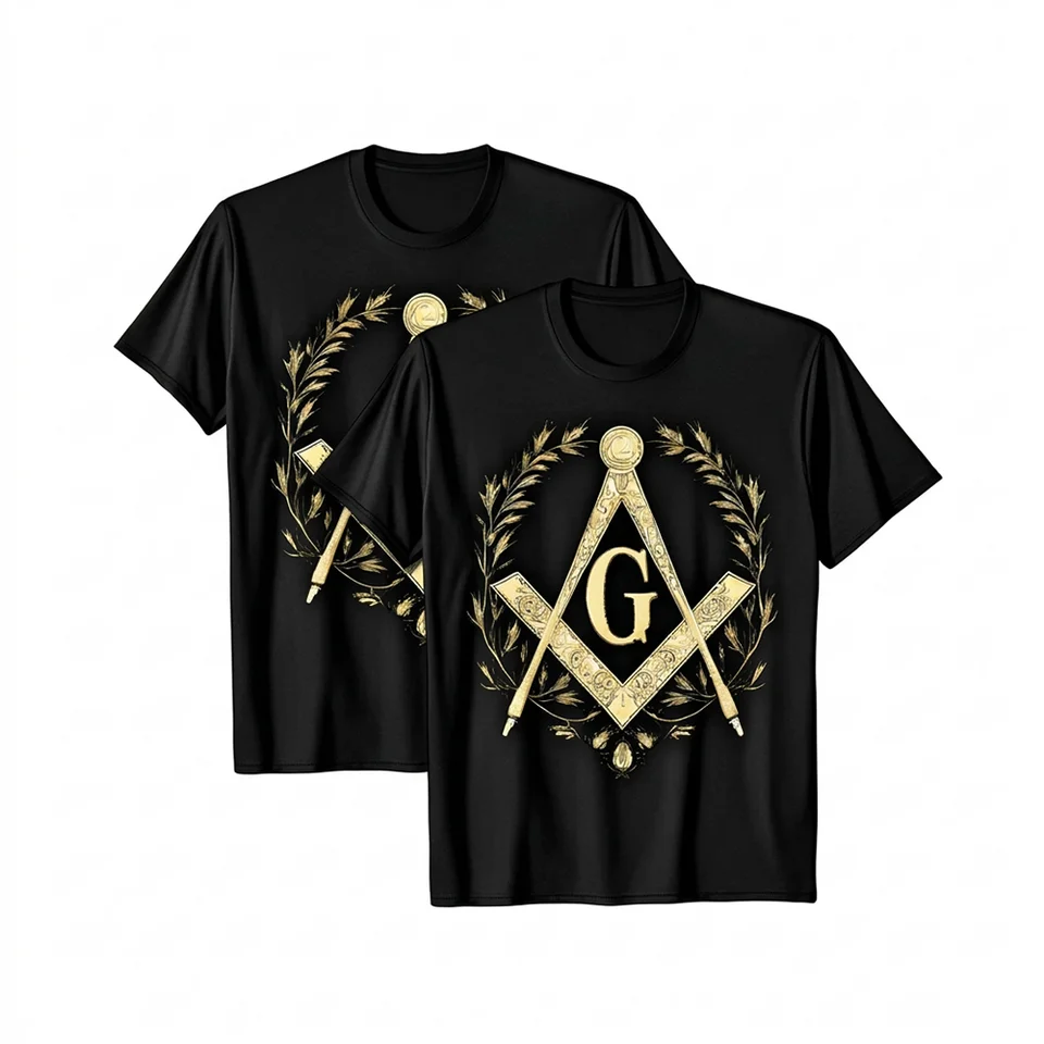 Masonic T-shirt featuring a gold Square and Compass Freemasonry symbol on soft everyday fabric with custom lodge or name printing.