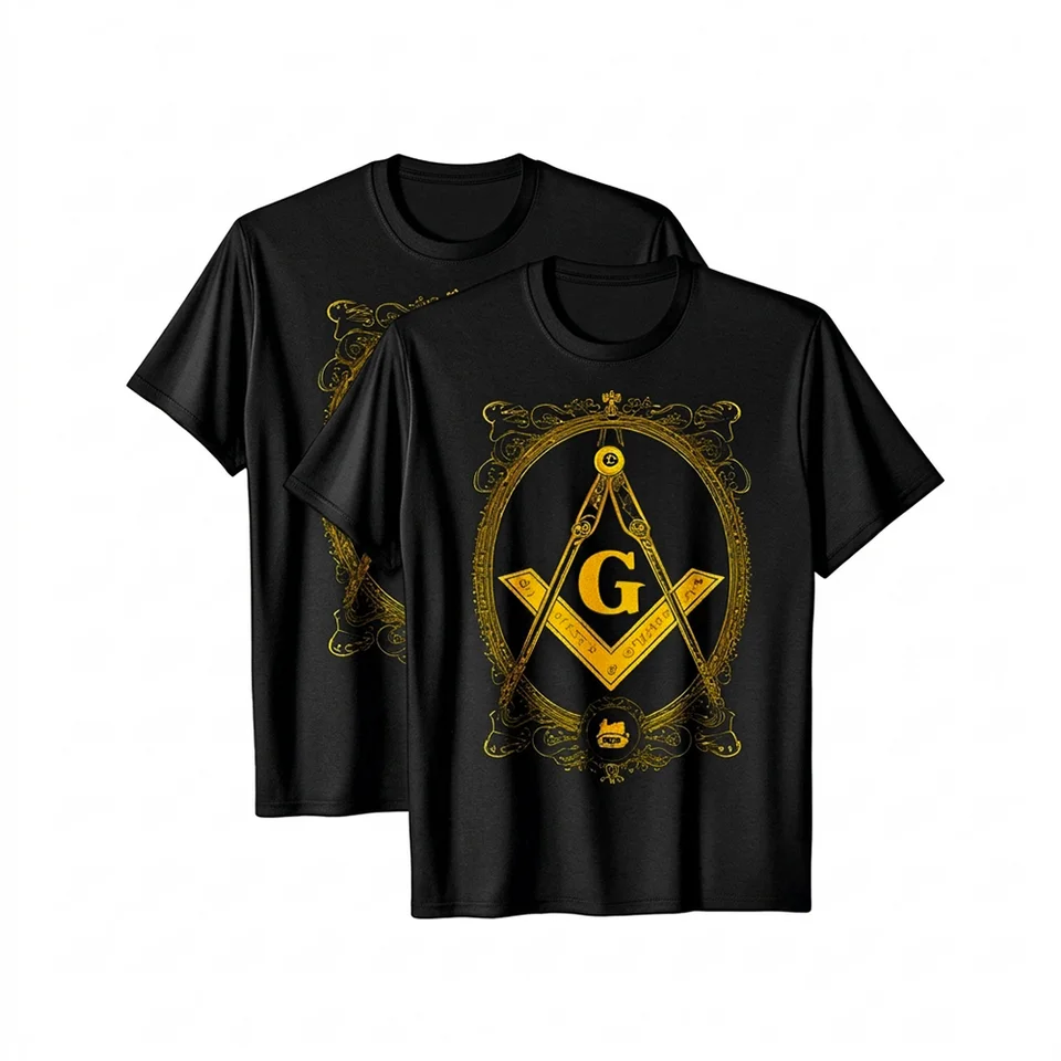 Black Masonic T-shirt featuring a gold Square and Compass Freemasonry symbol with custom lodge or name printing.